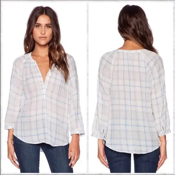 Joie S Ivory Blue Selima Plaid 3/4 Sleeve Blouse Top Split VNeck Button Cotton - Picture 11 of 11